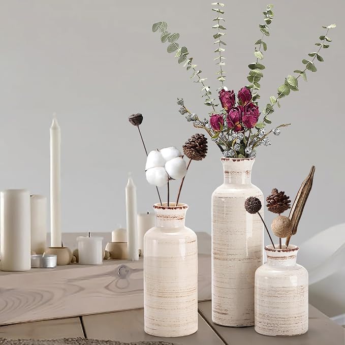 Nicunom Ceramic Vase Set of 3, Rustic Ceramic Flower Vase for Home Decor, Boho Decorative vase for Room, Centerpiece,Table, Shelf, Mantel and Entryway Decor