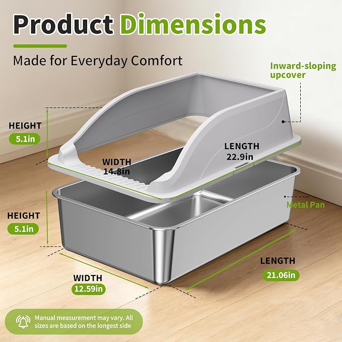 Stainless Steel Cat Litter Box, Extra Large XL Odor Free Metal Litter Box with High Sides Lid, Open Top Litter Pan Include Scoop Easy Cleaning Kitty Cat Box Anti-Urine Leakage, Non-Sticky