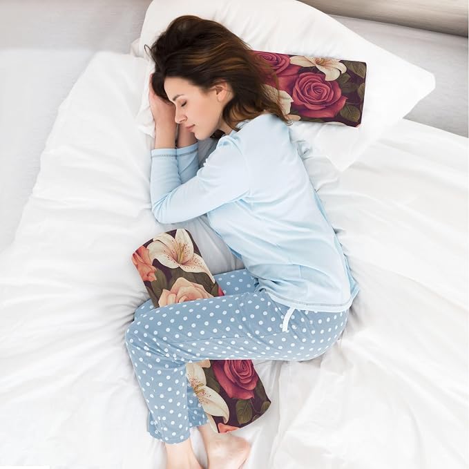 Roses and Lily Flowers Neck Roll Pillow Bolster Round Health Memory Foam Long Cervical Cylinder Pillows with Removable Washable Cover for Body Bed Legs Back Yoga