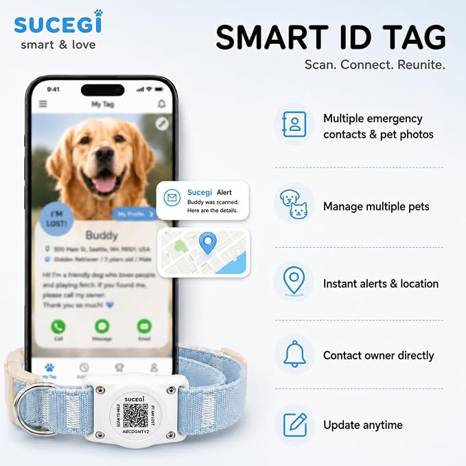 AirTag Dog Collar with QR Code ID, Dog Collar with Air Tag Holder, Blue, S