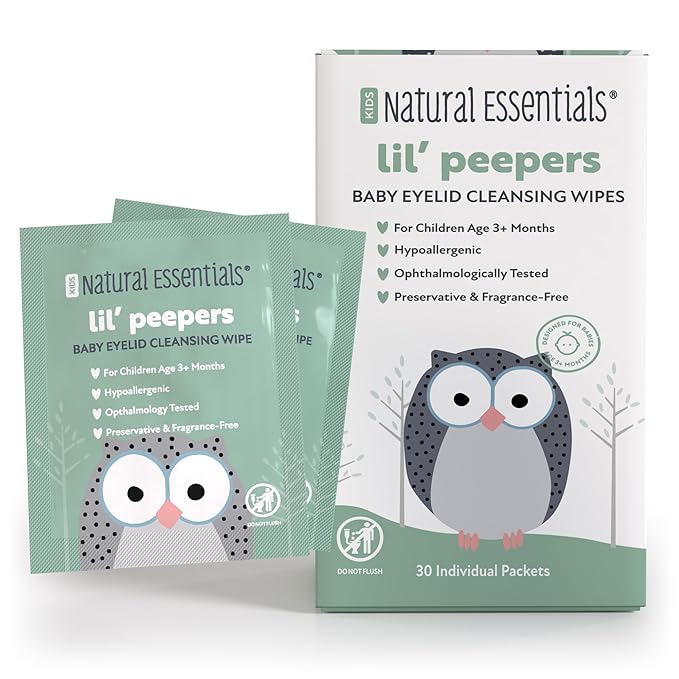 Natural Essentials Lil' Peepers Baby Eye Wipes and Eyelid Cleanser, Preservative-Free & Rinse-Free, Pediatrician Recommended Hypoallergenic Soft Eyelid Wipes for Babies, Kids and Adults (30 Count)