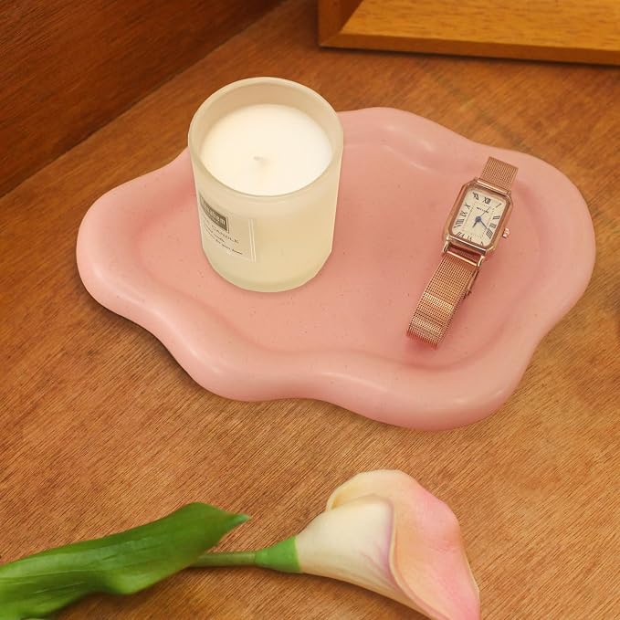 CCINPPY Ceramic Cloud Jewelry Tray Trinket Dish Key Bowl Nightstand Decor | Decorative Small Desk Tray Jewelry Plate Key Holder Bowl Cute Bedroom Room Decor Aesthetic, Gift for Women, Pink Medium