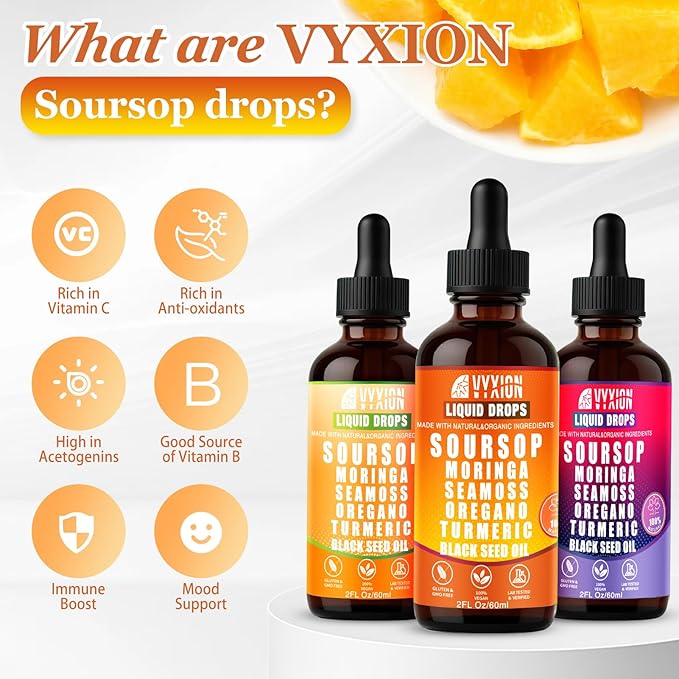 Soursop Bitters Liquid Drops 10 in 1 with Sea Moss, Moringa, Turmeric, Black Seed Oil, Oregano, Ashwagandha | Herbal Extracts for Overall Health-Enhancing | Vegan, Non-GMO | 2 Fl Oz (Orange flavor)