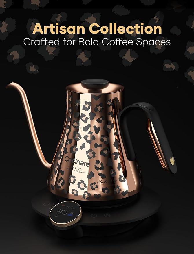 Cocinare Artisan Collection Gooseneck Electric Kettle, ±0.5℉ Precise Temperature Control for Pour-Over Coffee & Tea, Quick Heating 1500W, Stainless Steel Interior, 0.9L (Wild Gold)