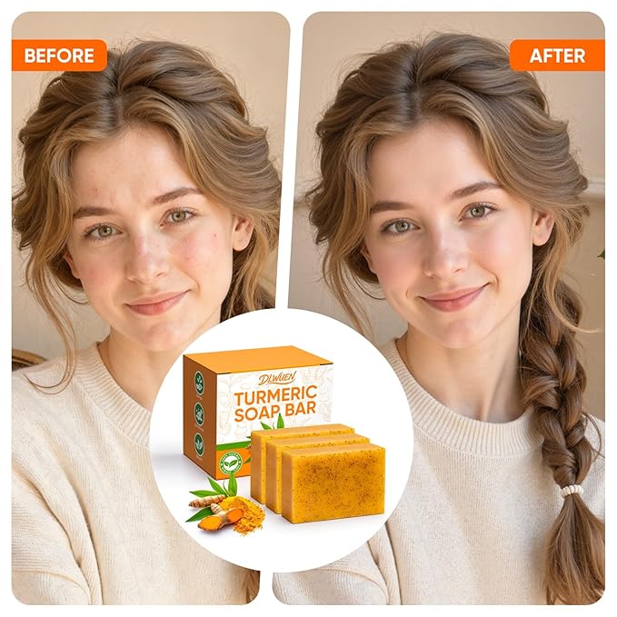 3 Packs Turmeric Soap Bar for Face & Body Cleanser, Organic Lemon Turmeric Soap with Vitamin C, Gentle Handmade Formula for Smoothing & Moisturizing Skin, Suitable for All Skin Types - 10.59 oz