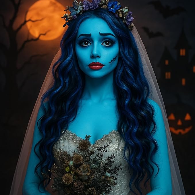 Halloween Makeup Kit for Sally Costume Women Girls Kids,Sally Face Cosplay Accessories with Light Blue Face Paint,Black Liquid Eyeliner,Red Lipstick,Clip in Hair Extensions,Setting Powder&Sponges