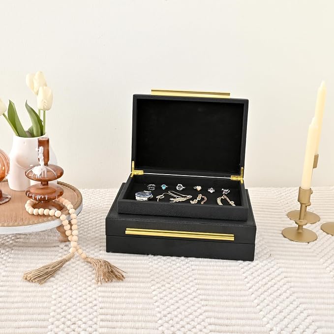 DECOR4SEASON Faux Shagreen Leather Jewelry Boxes Set of 2 with Gold Handles | Decorative Organizer Storage Box for Rings, Earrings, Watches, Dresser, Vanity, Stackable, Black