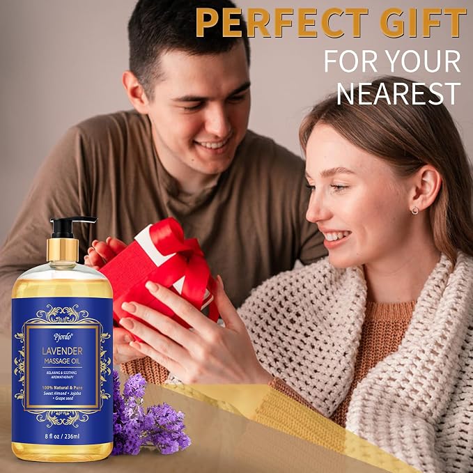 Pjordo Aromatherapy Lavender Massage Oil for Calming, Soothing & Relaxing, Natural Body Massage Oil for Massage Therapy with Jojoba & Sweet Almond, No Stain & Non-Sticky, Spa Gift for Her Him
