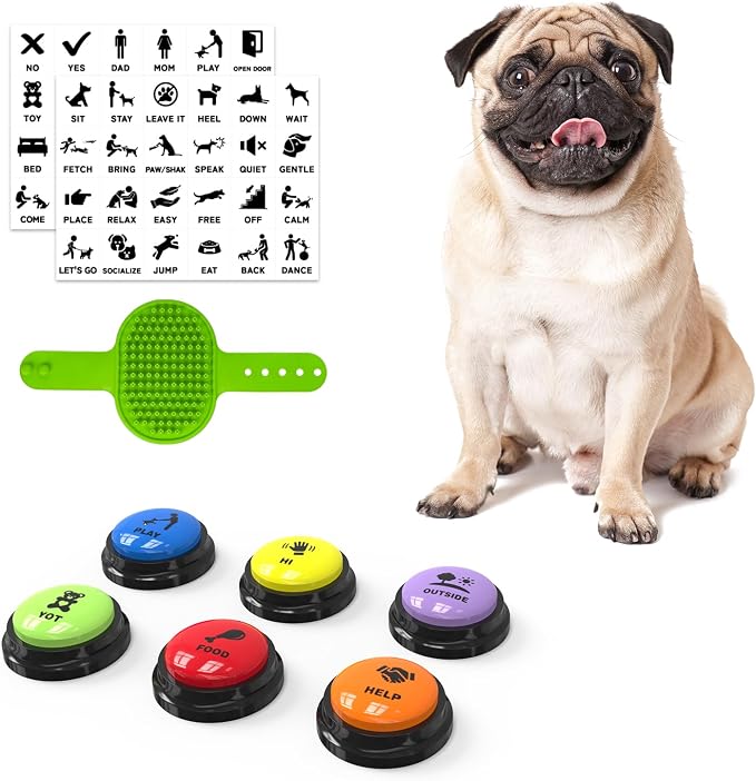 Dog Buttons for Communication, 6 Pack Recordable Talking Buttons for Dog Training with 30 Seconds Voice Recording | Includes Non-Slip Mat & Dog Bath Brush Present Set