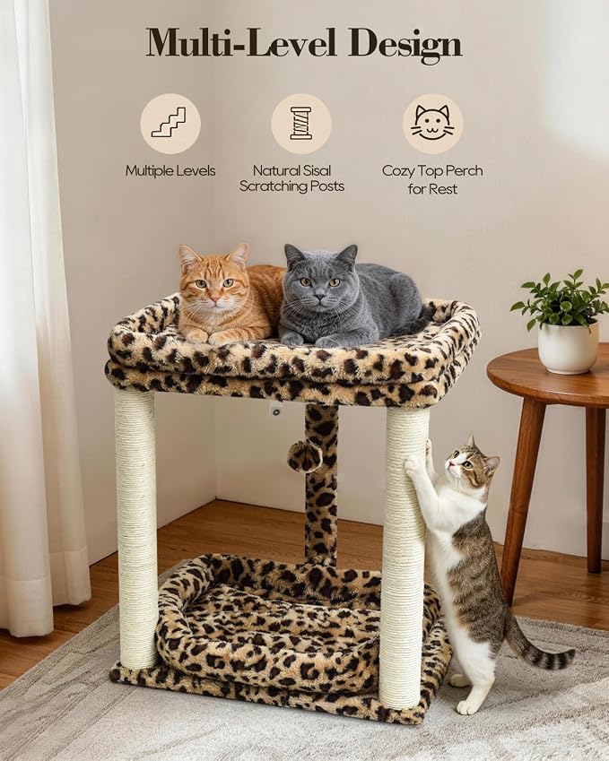 SYANDLVY Leopard Print Cat Tree with 2 Levels Perch Platforms for Kittens | Natural Sisal Scratching Post Tower with Hanging Bell Ball & Anti-Tip Strap, Stable Cat Furniture for Indoor Cats