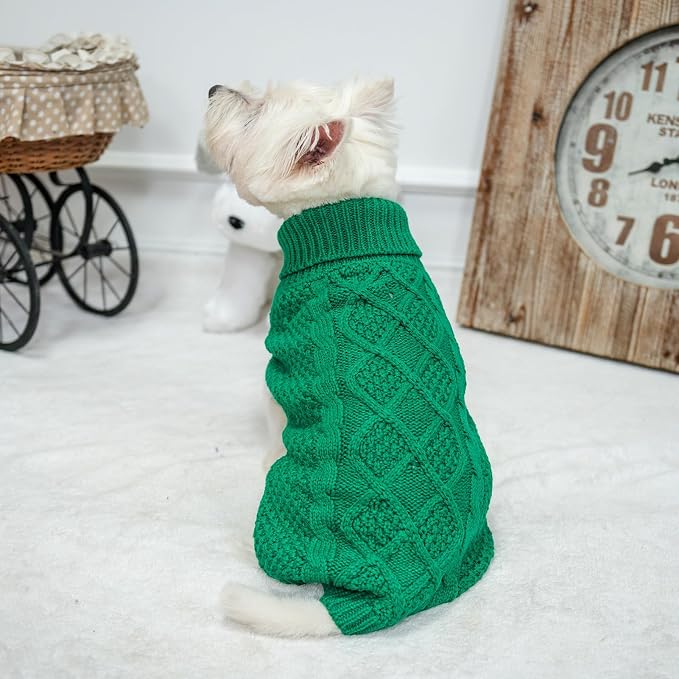 Mihachi Turtleneck Dog Sweater - Winter Coat Apparel Classic Cable Knit Clothes with Leash Hole for Cold Weather, Ideal Gift for Pet in New Year Green X-Small
