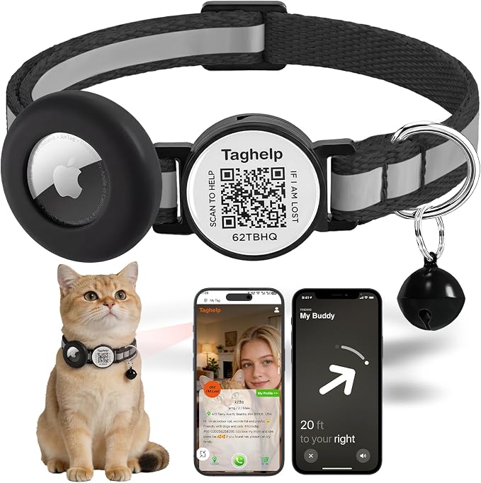 Smart QR Code Cat Collar with Airtag Cat Collar Breakaway, Reflective Kitten Collar with Apple Air Tag Holder and Bell for Girl Boy Cats, 0.4 Inches in Width and Lightweight(Black)