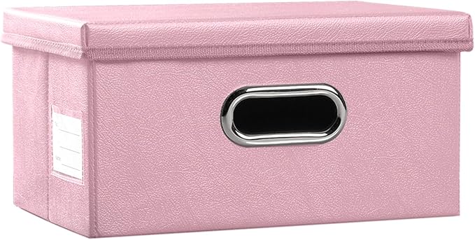 Collapsible Storage Box with Lid [1-Pack] Leather Fabric Foldable Storage Bin Organizer Container Basket Cube with Cover for Home Bedroom Closet Office Nursery Pink (13.6x9.6x6.9)