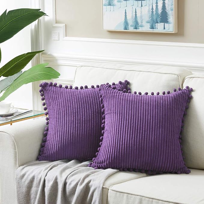 Fancy Homi Pack of 2 Purple Boho Decorative Throw Pillow Covers with Pom-poms, Soft Corduroy Solid Square Cushion Cases Set for Living Room Couch Sofa Bedroom Car (18x18 Inch/45x45 cm, Purple)