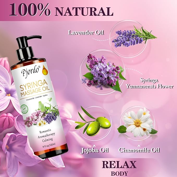 Pjordo 2 Pack Massage Oil for Massage Therapy, Lilac Oil, Lavender Massage Oil for Skin, with Massage Roller Ball, Natural Body Oil for Calming, Aromatic, Soothing, Spa Gift Set for Him Her
