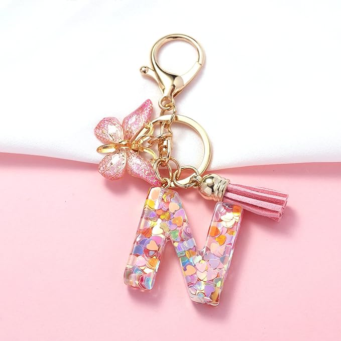 Fashion Alphabet Initial Letter Keychain Tassel Butterfly Pendant Key Ring for Purse Handbags Women Girl