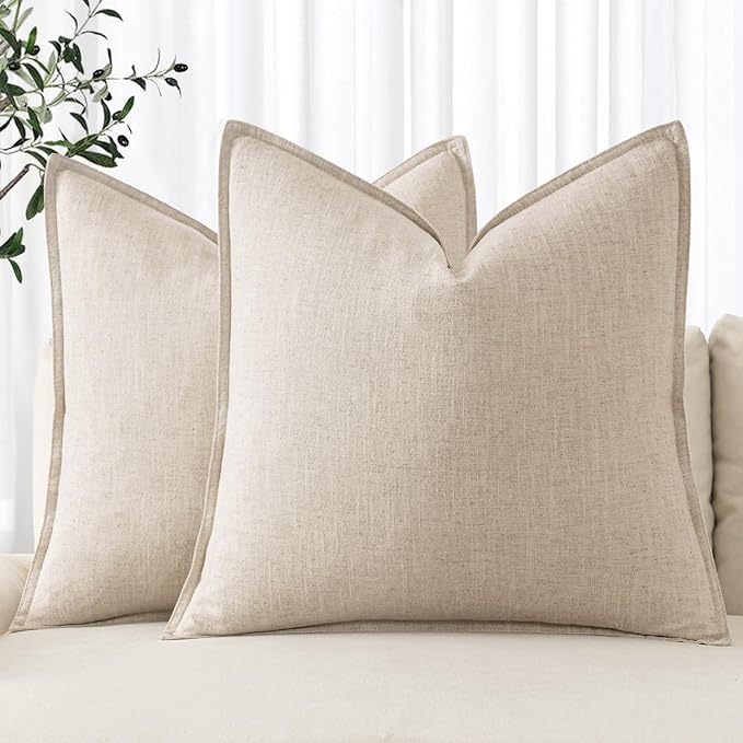 MIULEE Decorative Linen Pillow Covers 16x16 Inch Natural Beige | Boho Farmhouse Neutral Couch Throw Pillows for Bed, Pack of 2 Accent Modern Pillowcases, Sofa Livingroom Home Decor