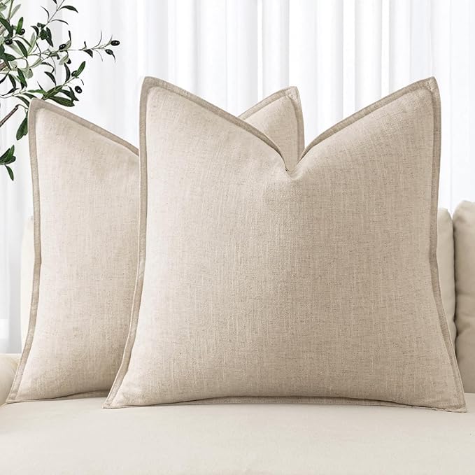 MIULEE Decorative Linen Euro Sham Pillow Covers 22x22 Inch Natural Beige | Boho Farmhouse Neutral Couch Throw Pillows for Bed, Pack of 2 Accent Modern Pillowcases, Sofa Livingroom Home Decor