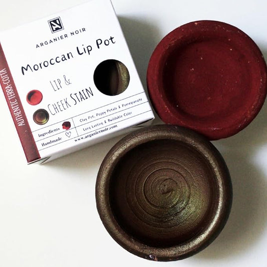 Arganier Noir Aker Fassi Set of 2 Moroccan Lip Pot Two Authentic Terracotta Pot Red and Brick Cheek Tint. Moroccan Lipstick.