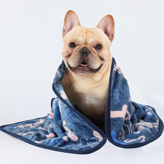 Luciphia 3 Pack Soft Fleece Dog Blankets for Large Dogs Puppy Cats,41"x31" | Washable Throw Blanket for Crate, Couch, Bed, Travel. Cute Paw & Bone Print. Puppy Essential, Dog Gift,Khaki/Blue/Navy