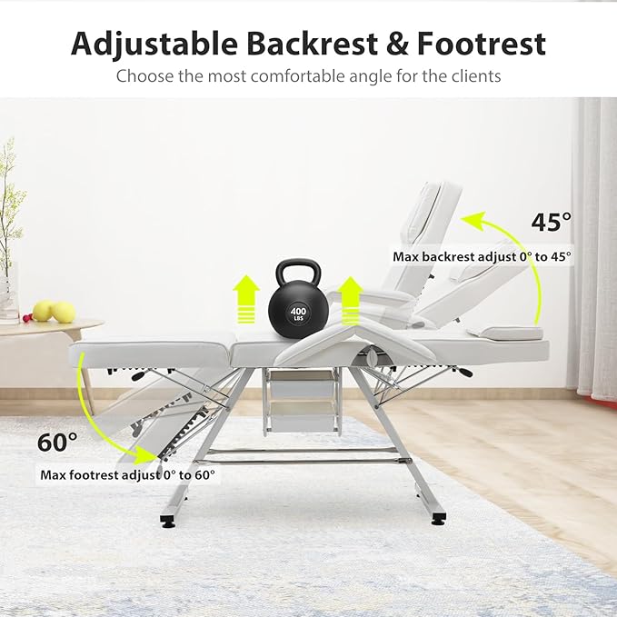 Facial Bed Tattoo Chair with Two Trays Esthetician Beds Adjustable Folding Salon Bed with Hydraulic Stool Massage Chair for Professional Massage Facial Lash Beauty Treatment Spa White