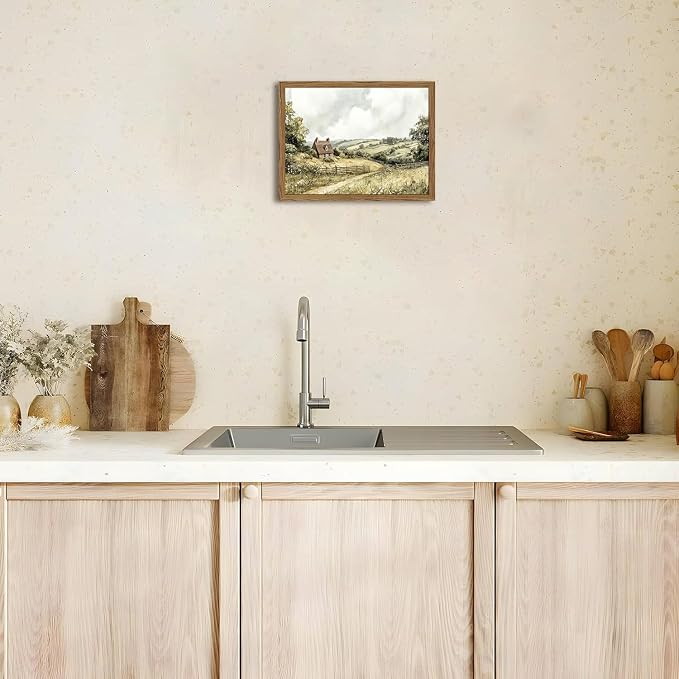 Framed Vintage Canvas Wall Art, Cottage Landscape Wall Decor Paintings, Rustic Farmhouse Pictures Prints Aesthetic Home Decor for Living Room Bedroom Bathroom 8x10 inch