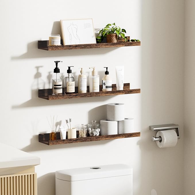 upsimples Floating Shelves for Wall Decor and Storage, Brown, 6Pcs 23.6'' | Wall Mounted Wood Shelves for Living Room, Bedroom, Bathroom, Kitchen, Office, Nursery Room, Coffee Bar Display and Organize