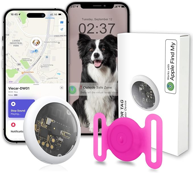 GPS Tracker for Dogs, Mini GPS Pet Tracker with Silicone Cover, IPX8 Waterproof GPS Tracker for Kids,No Monthly Fee,Work with Apple Find My(iOS Only),Dog Tracker Finder Tracker Pets-YGPink-3