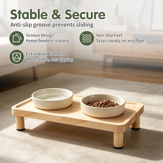 Cat Food Stand, Elevated Cat Feeding Station for Bowls & Feeders | Raised Rim Bowl Support, For Automatic Feeders & Bowls, Non-Slip Feet, Tool-Free Assembly, 15.8 x 9.8 in Wood Platform