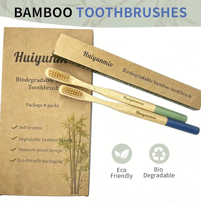 Huiyunmio 8 Pack Bamboo Toothbrushes - Soft Bristles, BPA Free, Eco-Friendly Natural Wooden Toothbrushes for Adults & Family, Zero Waste Compostable Handle