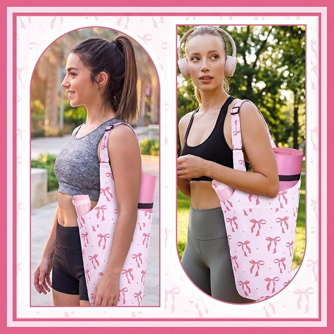 SATINIOR Pink Bow Yoga Mat Bag with Large Size Pocket & Zipper Pocket Oxford Cloth Yoga Bag Mat Carrier Holder Adjustable Shoulder Strap Women Gym Pilates Accessories for Travel Office Beach Workout