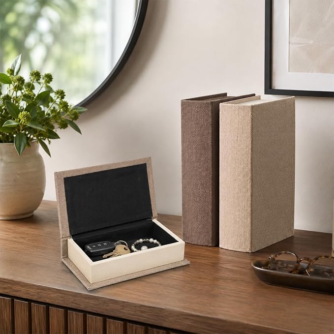 DECOR4SEASON Modern Linen and Wood Decorative Faux Book Boxes Set of 3, 8" | Stackable Storage Boxes for Shelves, Coffee Table, and Office Organization (Earth Tones)