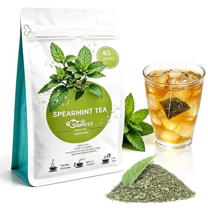 Samcci - Spearmint Tea Bags, 40 Teabags, 1.5g/bag - Pure Spearmint Leaves - Non-GMO - Caffeine-free Herbal Tea - Hormone Balance & Support Digestion & Natural Breath Freshener