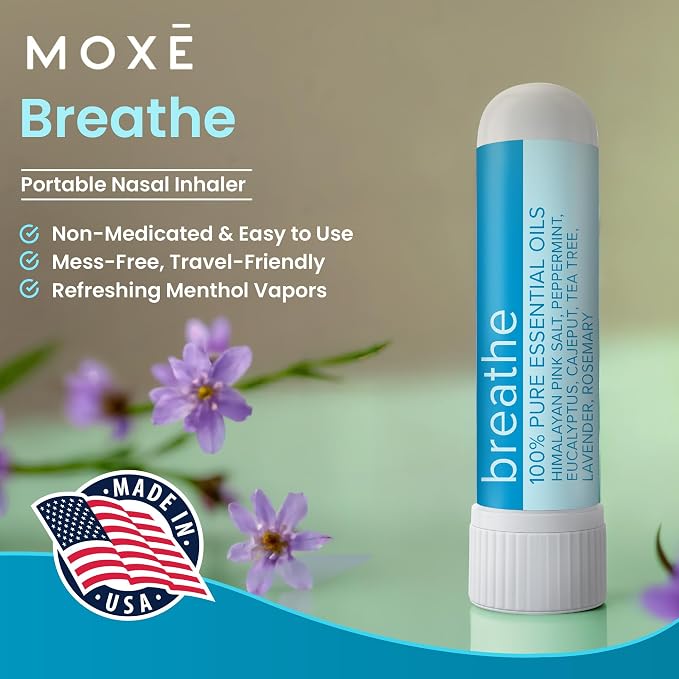 MOXE Breathe | Himalayan Salt Inhaler | Help Clear Congestion, Boost Focus and Improve Breathing | Natural Aromatherapy | Peppermint, Lavender and Tee Tree Essential Oil (6 Pack)