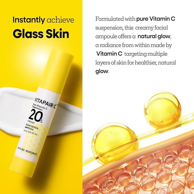 Nature Republic Vitapair C glow Reveal Ampoule, Niacinamide,Retinol, Panthenol, Citrus Lemon Fruit Extract, Vitamin C Ampoule, Korean Skin Care 24ml / 0.81 fl oz