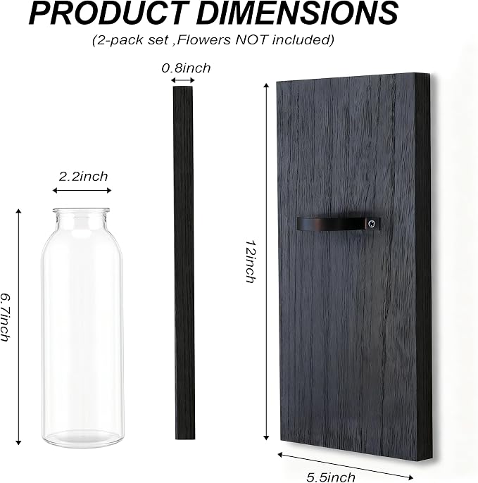 Heiple 2 Pack Wall Planters for Indoor Plants, Wood Glass Decor for Bathroom, Bedroom Living Room, Modern Farmhouse Wooden Pocket Wall Vases for Dried Flowers and Plastic Plants (Black)