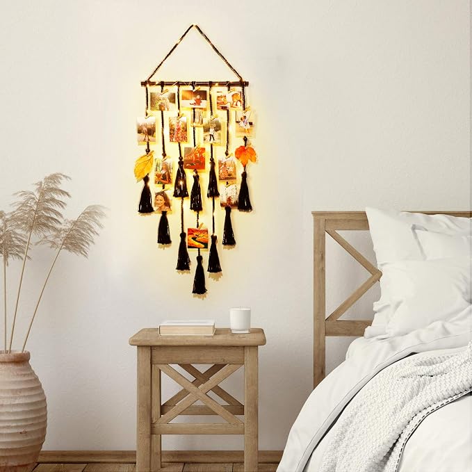 Hanging Photo Display Wall Decor, Black Macrame Hanging Boho Room Decor, Picture Frame Collage with Remote Light 30 Clips, Bedroom Apartment Home Decor, Christmas Mom Grandma Teen Girl Gifts