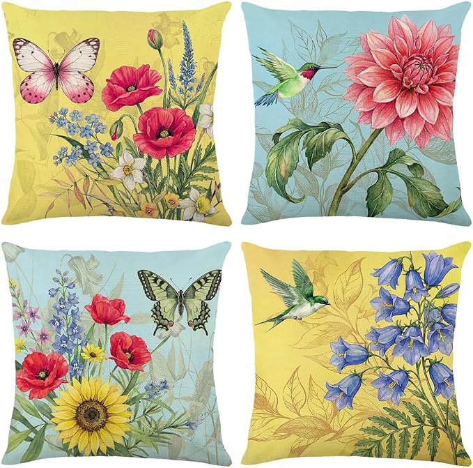 wyooxoo Spring Summer Pillow Covers 18x18 Set of 4 Decorative Throw Pillow Covers Linen Flower Butterfly Farmhouse Pillowcases for Sofa Couch Living Room Outdoor
