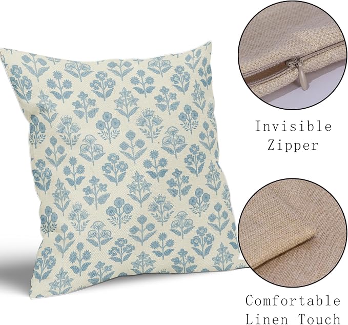 Light Blue Floral Pillow Covers 16x16 Inch Set of 2, Vintage Flower Block Print Pattern Decorative Throw Pillowcases Outdoor Farmhouse Cushion Covers Spring Summer Rustic Sofa Couch Bed Decor