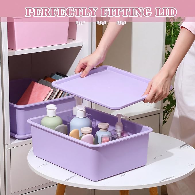 4 Pcs Storage Bins with Lids Plastic Stackable Containers for Classroom Room Organizing Shelves Christmas Ornament Box Baskets(Pink, Purple,Large)