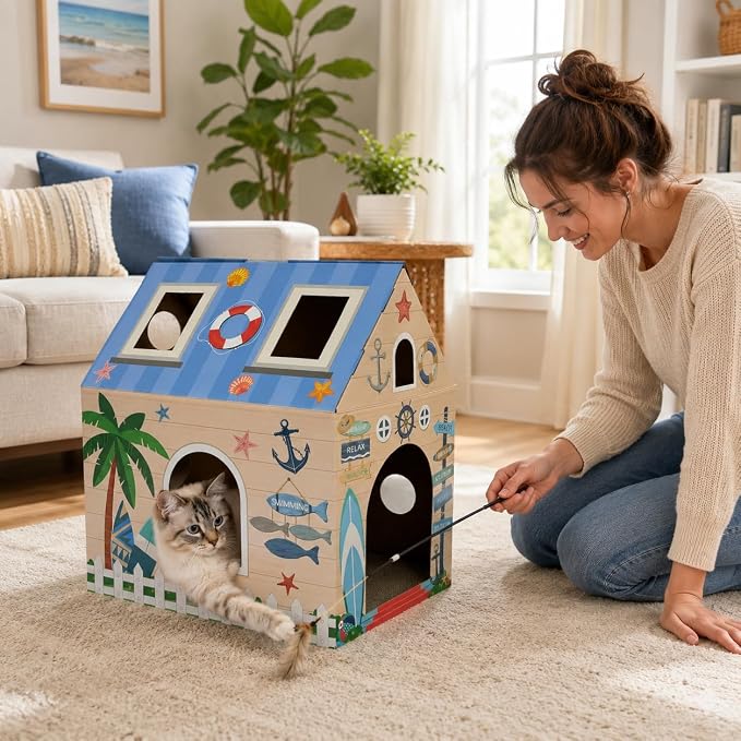 Cinrobiye Cardboard Cat House with Scratcher, Indoor Cat Condo Cat Cave Hideout with Scratch Pad, Cardboard Cat Playhouse Bed for Cats, Kittens, Rabbits & Small Pets (Seaside)