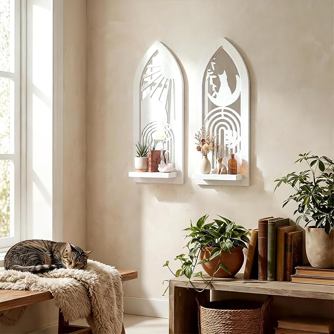 ZEXUIRU 2 Set Rustic Candle Sconces Living Room Bedroom Entryway Wood Mirrored, Farmhouse, Carved Frame Wall-Mount Wooden Candle Holders Wall Decor Hanging Handmade Holder - Distressed White