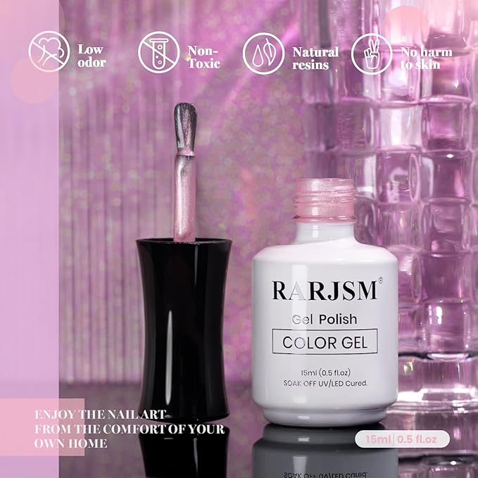 RARJSM Nude Light Pink Glitter Gel Nail Polish Silver Pearlescent Shimmer Finish Gelpolish 15ml Soak Off Nuded Skin Tone Rose Color Home Salon French Manicure Varnish Curing Requires