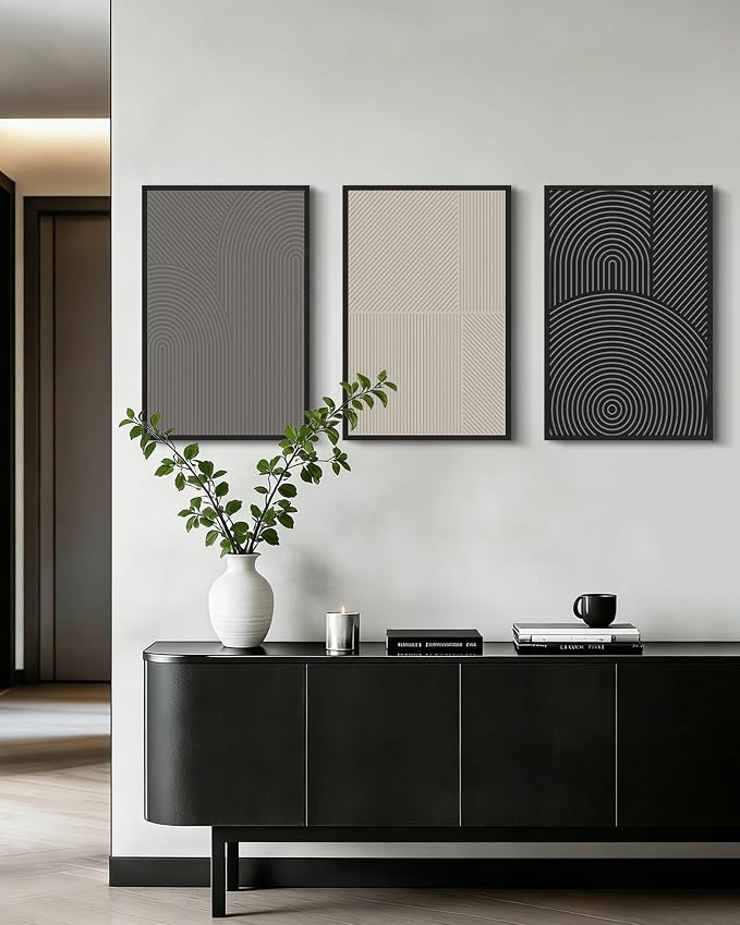 Drsoum Mid-Century Modern Framed Wall Art Large 16x24in Minimalist Abstract Boho Neutral Line Wall Decor Geometric Artwork Kitchen Dining Room Black Framed