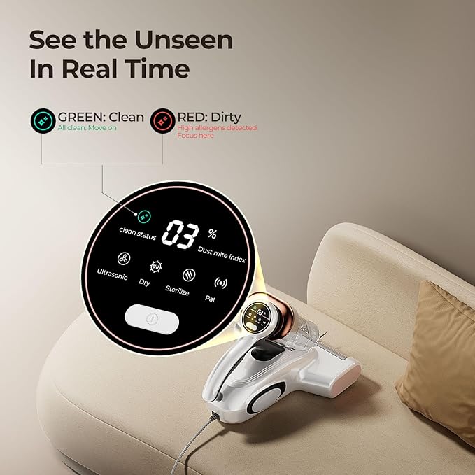JIGOO J300 Bed Vacuum Cleaner, Dust Sensor, Pet Hair, UV and Heat, Corded | Mattress vacuum cleaner with 500W motor, 13Kpa suction, UV-C light and 130°F heat for pet hair on beds, sofas, White