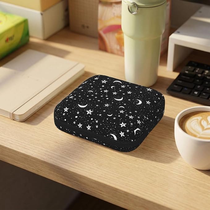 Black And White Moon Star Period Bag For Women,Portable Sanitary Napkin Period Pad Pouch For Purse, Small Make Up Bags