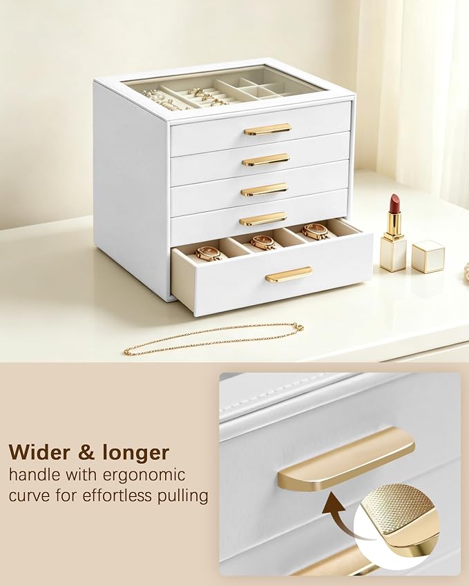 Homeanda Jewelry Boxes Organizer with Glass Lid, 5-Layer PU Leather, White | Modern style display case with 5 drawers for daily jewelry, women, mom or girl gift