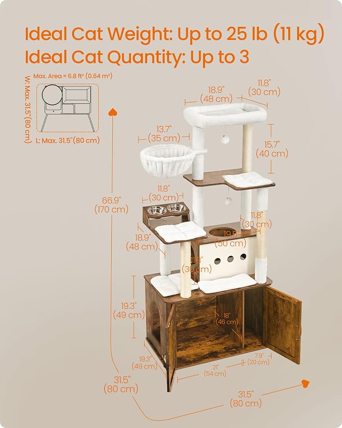 Feandrea Cat Tree, 66.9-Inch Cat Tower with Litter Box Enclosure, Large Condo with Food Station, Storage, Scratching Posts, Cave, Hammock, Washable Cushions, Rustic Brown UPCT169K01 | Large Condo with Food Station, Storage, Scratching Posts, Cave, Hamm...