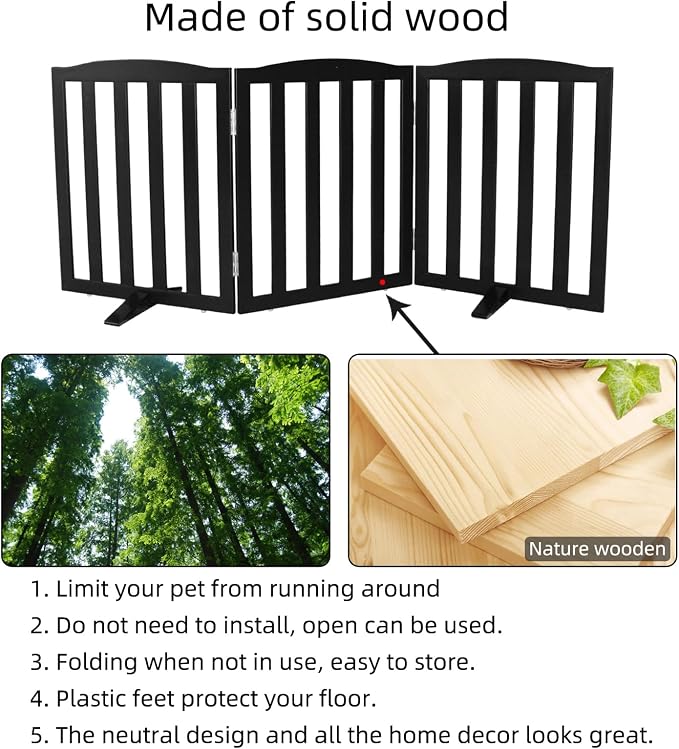 ZJSF Foldable Freestanding Indoor Dog Gate for House Wood Long Pet Gates Dog Fence for Stairs Puppy Gates for Hallways, Puppy Gate,Support Feet Included, Black, 24 "Height-3 Panels
