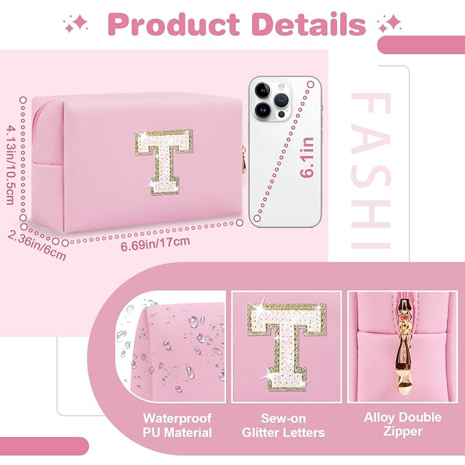 Small Personalized Initial A-Z Patch Makeup Bag,Pink Cute PU Leather Glitter Letter Cosmetic Bag for Teen Girls,Travel Toiletry Bag with Zipper,Preppy Monogrammed Birthday Gift for Daughter Niece T